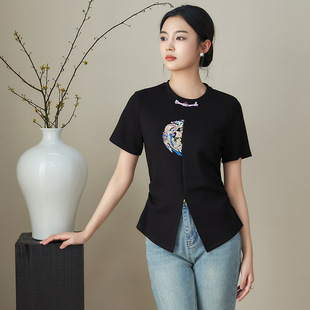 简梵家2024春夏新品 改良新中式 刺绣气质盘扣设计感短袖 T恤女装