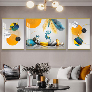 现代简约抽象招财麋鹿客厅装 饰画轻奢三联大气晶瓷画沙发背景墙画