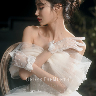 月下相恋新娘白色婚纱手套短款 薄款 婚纱礼服手套 复古蝴蝶结韩式