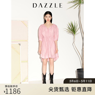 DAZZLE地素奥莱 春夏粉色甜美系带法式 连衣裙女 廓型收腰短袖