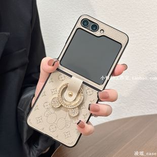 ins新款 ZFlip5欧美高档皮质保护套 皮纹指环扣适用于三星zflip5手机壳f7310折叠屏高级感奢华动漫潮熊Galaxy