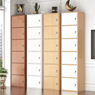 简易带锁书柜书架落地现代简约收纳柜实木色带门组合格子柜储物柜