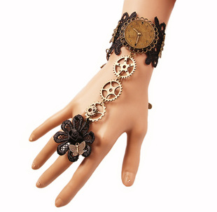 欧美复古黑蕾丝手链带戒指 女士中世纪蒸汽机齿轮手舞台表演饰品