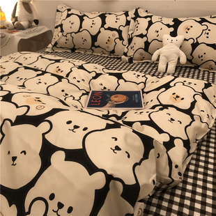 可爱韩国卡通小熊头ins水洗棉四件套床单被套宿舍床上用品1.51.8m