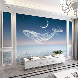 2024电视背景墙壁画鲸鱼装 饰墙贴客厅墙布影视墙壁布床头沙发壁纸