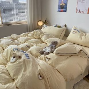 奶敷敷熊100水洗棉四件套简约纯色单双人床单被罩枕套三件套