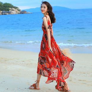 雪纺吊带连衣裙女夏三亚海边度假沙滩裙2024新款 超仙波西米亚长裙