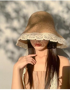 YiQi一岐2024新款 女度假海边草帽XM071 大帽檐蕾丝边太阳帽夏季