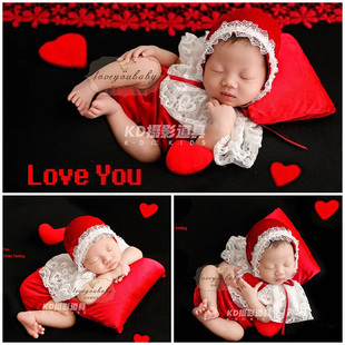 新生儿摄影服装 满月照宝宝拍照蕾丝衣服红色爱心新年圣诞影楼写真