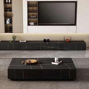 纯黑岩板电视柜茶几组合现代简约3米地台客厅电视柜宅寂风 黑白色