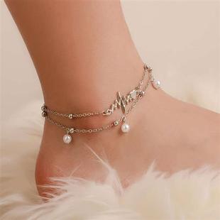 新品 欧美热卖 套装 双层珍珠脚链二件套心电图个性 脚饰 脚链组合时尚