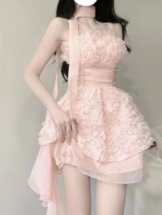 法式 纯欲风辣妹设计感不规则粉色吊带裙拼接网纱连衣裙女 甜美时尚