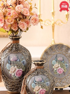 欧式 陶瓷花瓶复古酒柜装 饰品家居创意三件套插花美式 客厅摆件新品