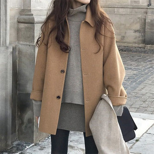 毛呢大衣女2021年新款 秋冬季 宽松赫本风双面 加厚驼色呢子外套韩版