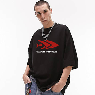 XDFM 美式 T恤落肩重磅高街情侣体恤国潮宽松纯棉 鱼骨创意logo短袖
