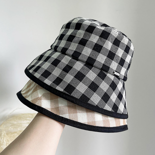 日本和纸格子渔夫帽子女防紫外线百搭复古防晒盆帽轻薄夏季 太阳帽