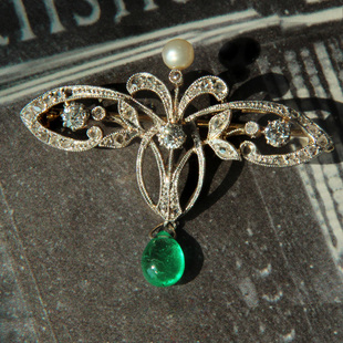 维多利亚时期老矿钻石 珍珠 胸针项链两用 祖母绿