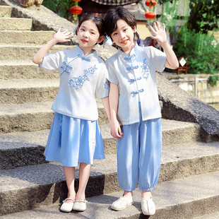 新款 中国风唐装 夏季 儿童汉服古风刺绣六一表演服女童薄款 短袖 套装