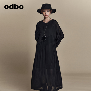 odbo 欧迪比欧原创设计休闲黑色连衣裙女夏季 两件套裙子 新款