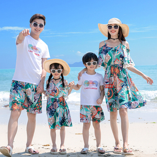 沙滩亲子装 夏装 三亚海边度假拍照洋气母女连衣裙 一家三口四口套装