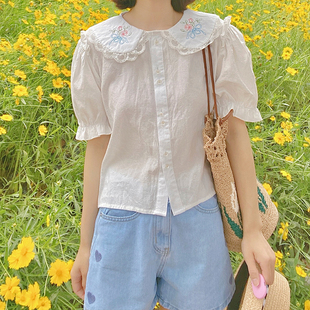 苯小双原创夏季 新款 可爱娃娃领花朵刺绣蕾丝拼接百搭短袖 白衬衫